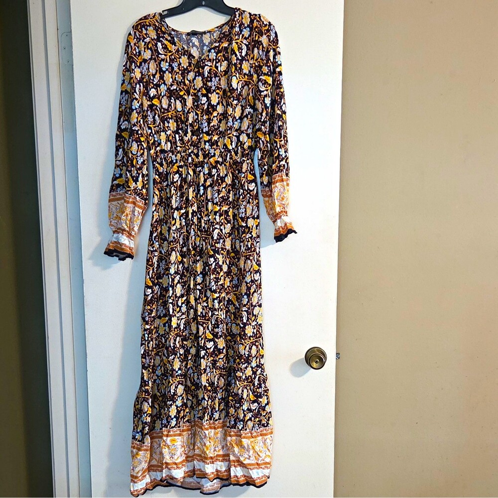 Prettygarden Floral Maxi Dress Long Sleeve Button Front Black L